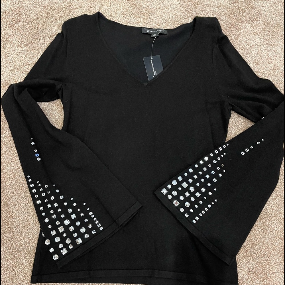 NWT Ladies Inc Black Long Bell Sleeve Embellished Top Size XS Petite